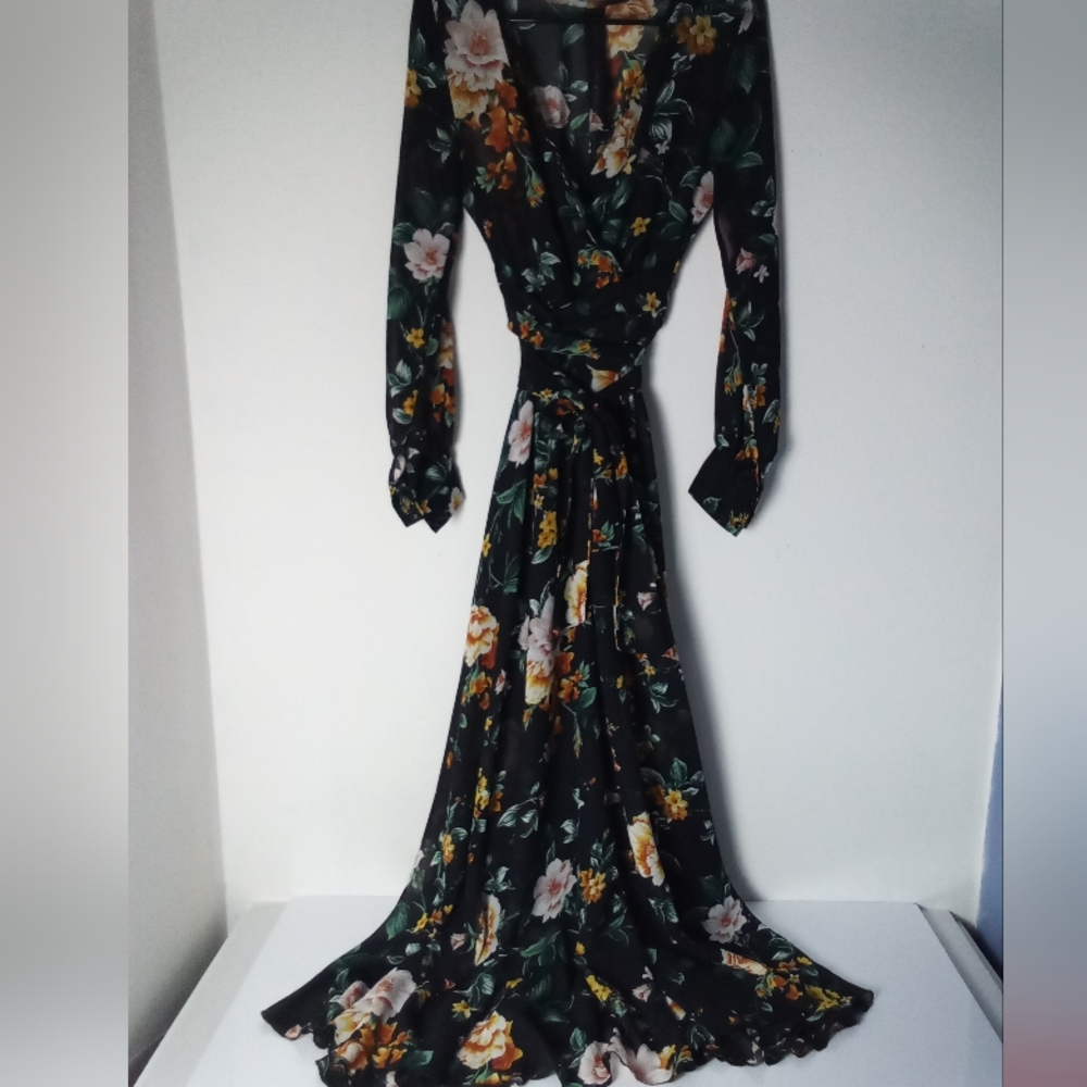 Floral Black Maxi Wrap Dress Size S Garden Boho Wedding Guest